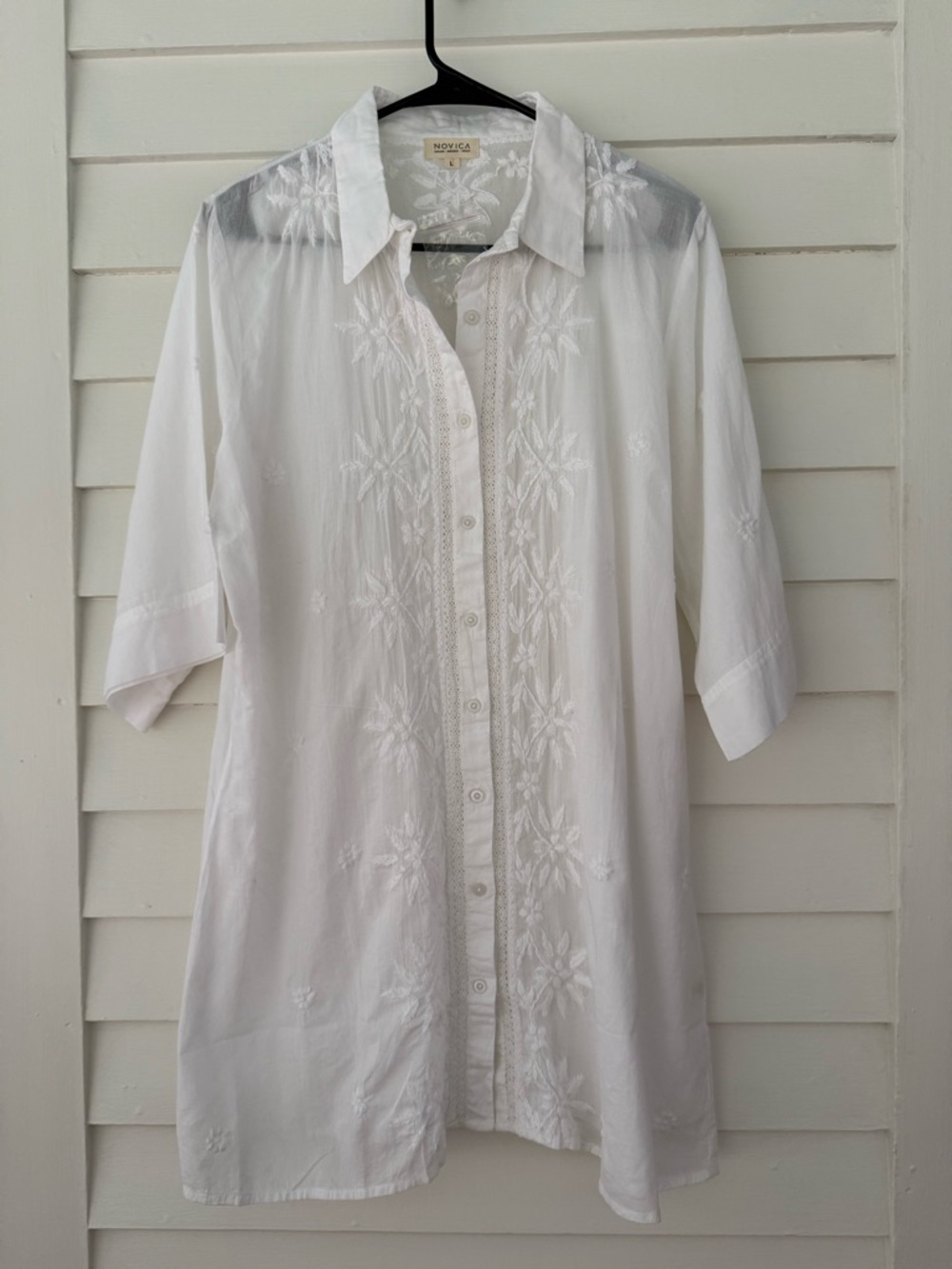 Novica | White Embroidered Cotton Tunic Beach Coverup Boho NWT
